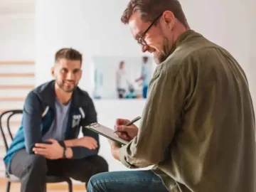 therapist taking notes about his patient